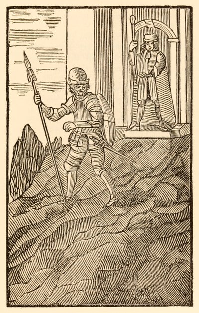 „Während Christian unter seinen frommen Freunden ist... Er ist froh mit nördlichem Stahl von Kopf bis Fuß.“ aus „Die Pilgerreise von dieser Welt zu der, die kommen wird“ von John Bunyan von Unknown